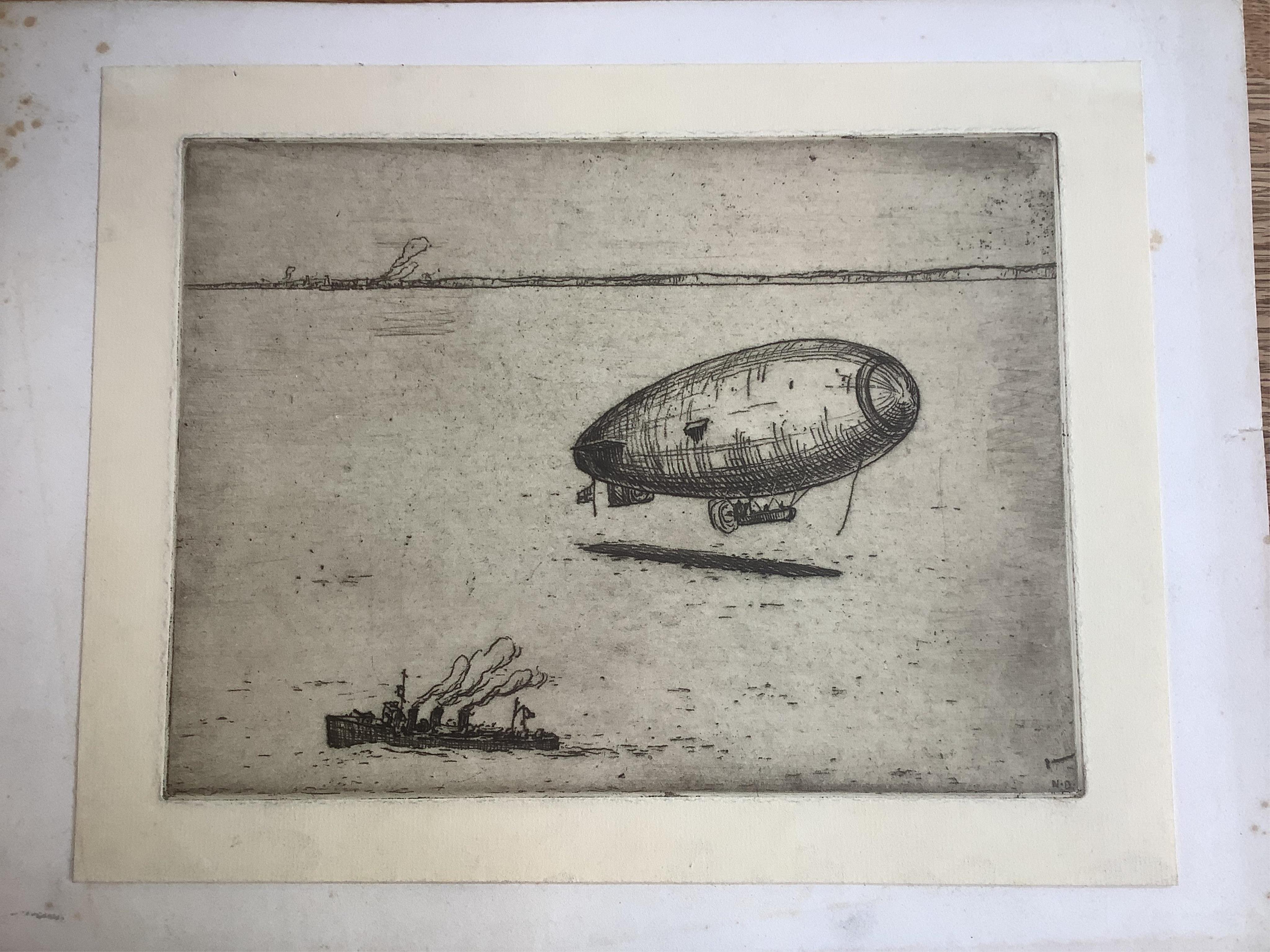 Nelson Dawson (1859-1941), three etchings, ‘Disabled Hydroplane in Tow, 1918’, and two studies of dirigibles over the sea, one signed in pencil and inscribed 1st proof, 13 x 20cm, 18 x 23cm & 18 x 24cm, all unframed. Con